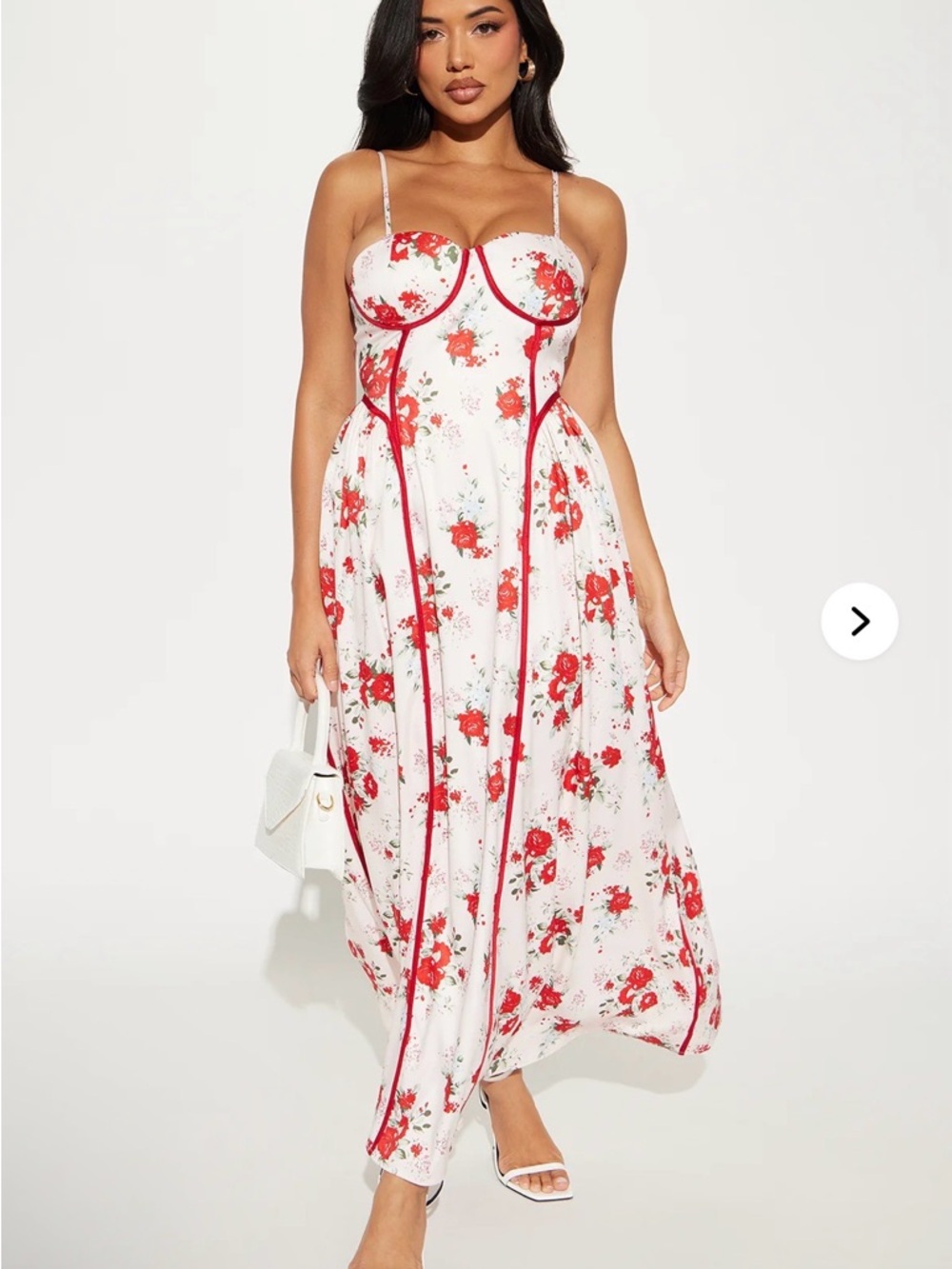 Fashion Nova White Maxi Dress with Red Floral Print
